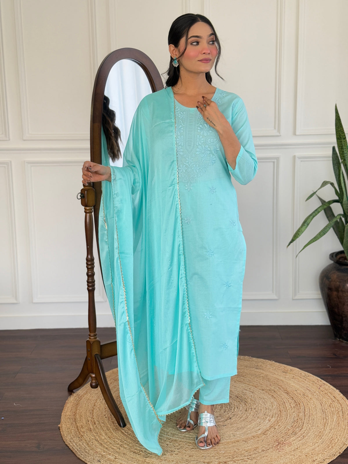 SKY COLOURED  WOMEN'S PURE COTTON  KURTA  WITH PANT DUPATTA  SET