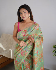 Kashmiri Weaving Multiple color thread weaving pure zari weaving Pista coloured saree