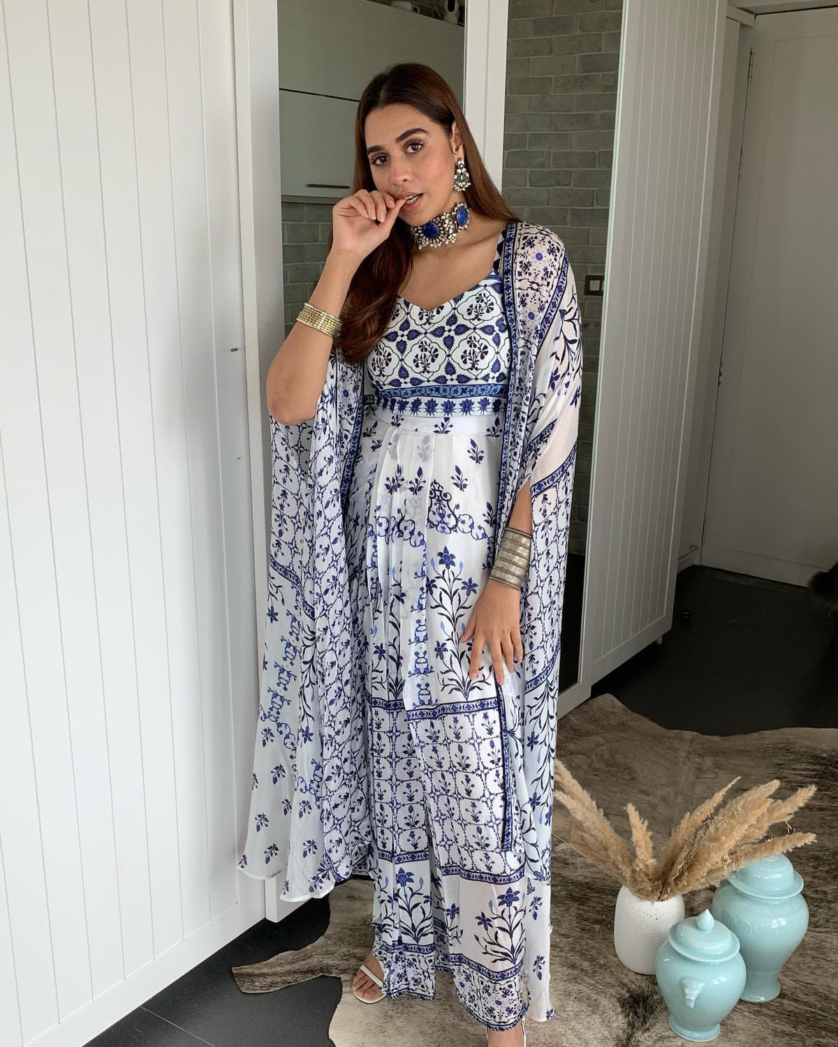 Beautiful  Satin Georgette Moroccan Print Dhoti Skirt Set