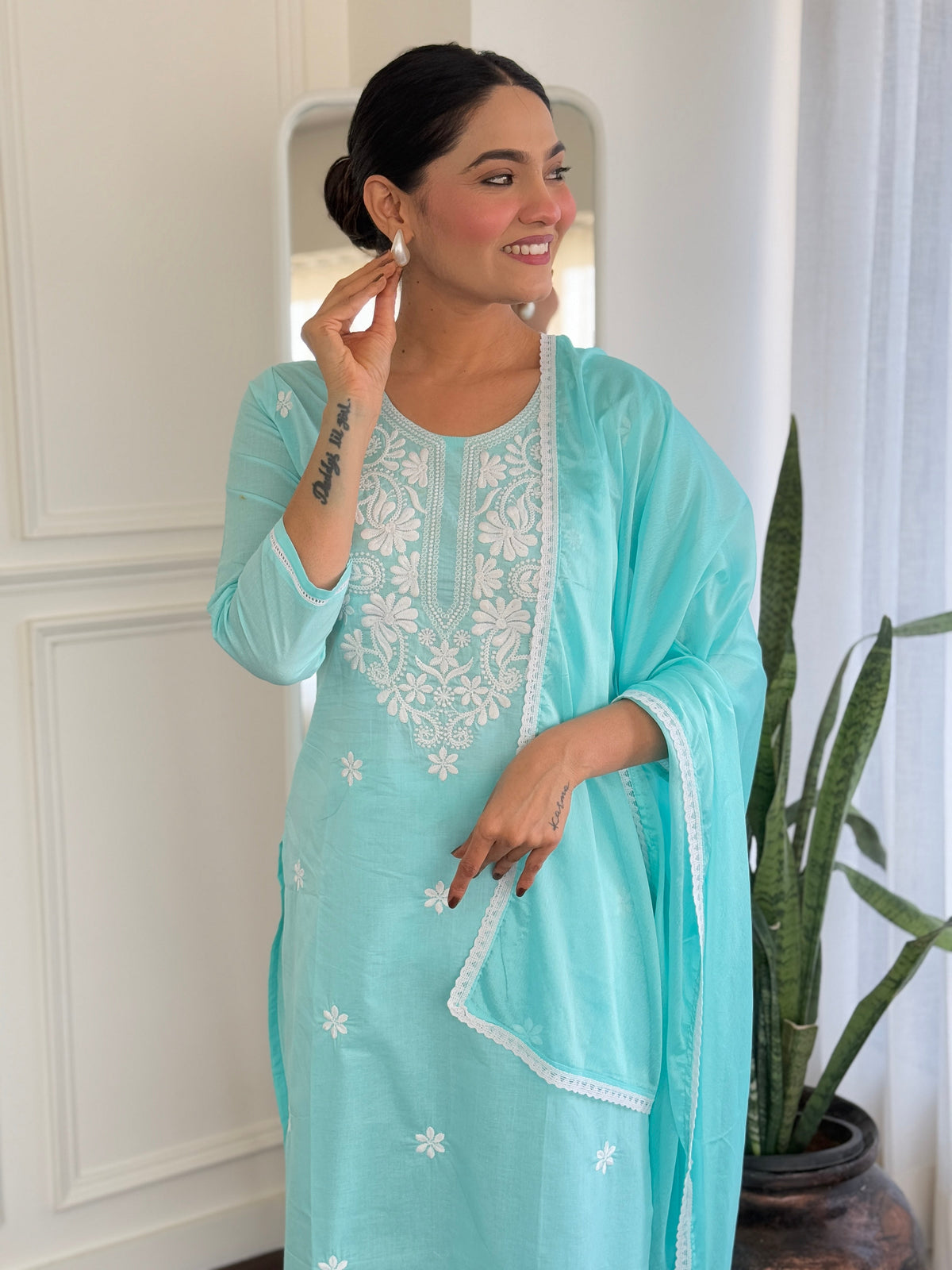 SKY COLOURED  WOMEN'S PURE COTTON  KURTA  WITH PANT DUPATTA  SET