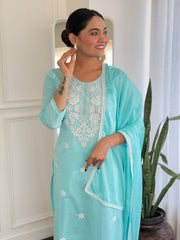 SKY COLOURED  WOMEN'S PURE COTTON  KURTA  WITH PANT DUPATTA  SET