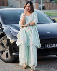 SKY COLOURED WOMEN'S FAUX GEORGETTE EMBROIDERY KURTA WITH PANT DUPATTA SET