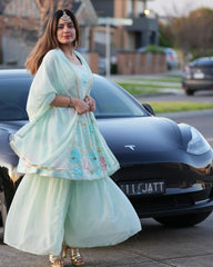 SKY COLOURED WOMEN'S FAUX GEORGETTE EMBROIDERY KURTA WITH PANT DUPATTA SET