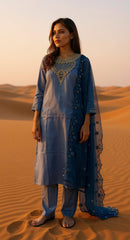BLUE COLOURED  WOMEN'S  POLYSTER KURTA WITH  DUPATTA SET