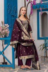 Noor Wine Soft Silk Kurta Set with Bottom & Jacquard Dupatta | Elegant Festive & Party Wear – Malaysia