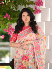 Kashmiri Weaving Multiple color thread weaving pure zari weaving White and cream coloured saree