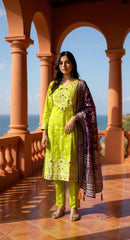LIME GREEN  COLOURED  WOMEN'S  POLYSTER KURTA WITH  DUPATTA SET