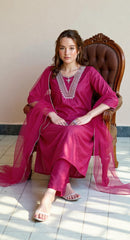 PINK  COLOURED  WOMEN'S POLYSTER KURTA WITH  DUPATTA SET