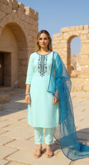 SKYBLUE COLOURED  WOMEN'S VISCOSE RAYON KURTA WITH  DUPATTA SET