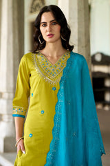 LEMON COLOURED  WOMEN'S CHANDERI  KURTA WITH  DUPATTA SET