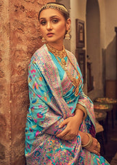 Kashmiri Weaving Multiple color thread weaving pure zari weaving Firozi coloured saree