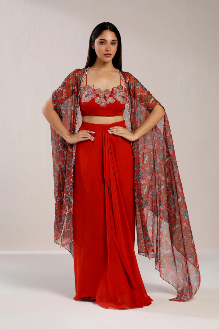 RED DRAPE SKIRT WITH CAPE