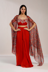 RED DRAPE SKIRT WITH CAPE