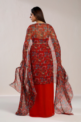 RED DRAPE SKIRT WITH CAPE