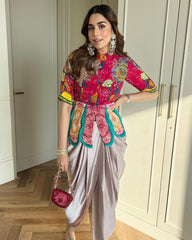 Pink Embroidered Work PeplumTop with Dhoti set