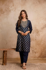 Elegant Navy Blue Maslin Kurta Set for Women | Embroidered Kurti with Jacquard Work | Stitched Suit with Bottom & Chanderi Dupatta | Ready to Wear Ethnic Set Malaysia