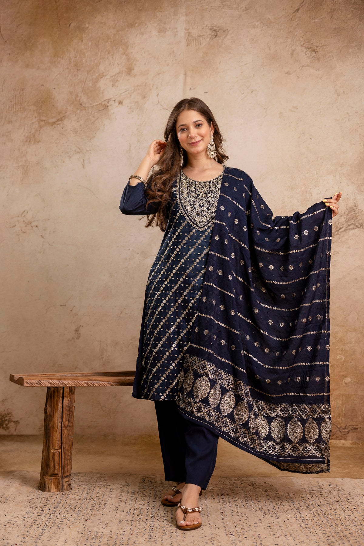 Elegant Navy Blue Maslin Kurta Set for Women | Embroidered Kurti with Jacquard Work | Stitched Suit with Bottom & Chanderi Dupatta | Ready to Wear Ethnic Set Malaysia