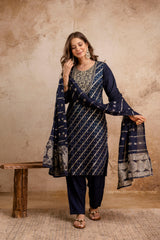 Elegant Navy Blue Maslin Kurta Set for Women | Embroidered Kurti with Jacquard Work | Stitched Suit with Bottom & Chanderi Dupatta | Ready to Wear Ethnic Set Malaysia