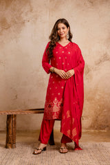 Rani Pink Maslin Kurta Set for Women | Weaving Jacquard Stitched Suit with Bottom & Dupatta | Elegant Ethnic Wear for Women Malaysia | Ready to Wear Kurti Set