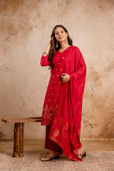 Rani Pink Maslin Kurta Set for Women | Weaving Jacquard Stitched Suit with Bottom & Dupatta | Elegant Ethnic Wear for Women Malaysia | Ready to Wear Kurti Set