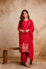 Rani Pink Maslin Kurta Set for Women | Weaving Jacquard Stitched Suit with Bottom & Dupatta | Elegant Ethnic Wear for Women Malaysia | Ready to Wear Kurti Set