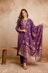 Rust Embroidered Maslin Kurta Set for Women | Stitched Suit with Weaving Jacquard Work & Chanderi Dupatta | Ready to Wear Ethnic Wear Malaysia