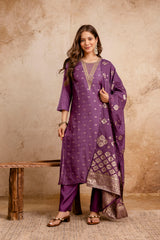 Rust Embroidered Maslin Kurta Set for Women | Stitched Suit with Weaving Jacquard Work & Chanderi Dupatta | Ready to Wear Ethnic Wear Malaysia