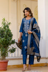 Teal Blue Pure Silk Kurta Set with Embroidery & Jacquard Dupatta | Designer Partywear & Ethnic Wear Malaysia