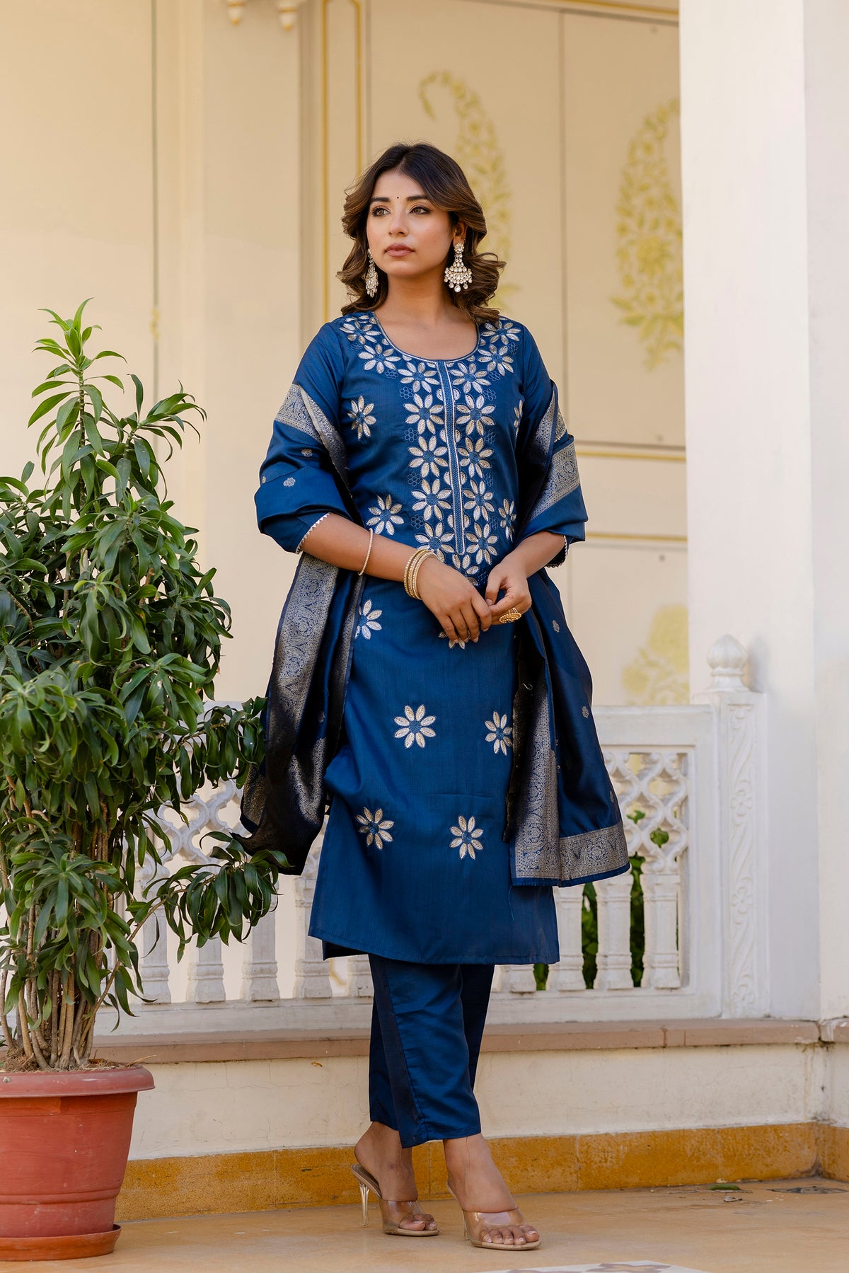 Teal Blue Pure Silk Kurta Set with Embroidery & Jacquard Dupatta | Designer Partywear & Ethnic Wear Malaysia