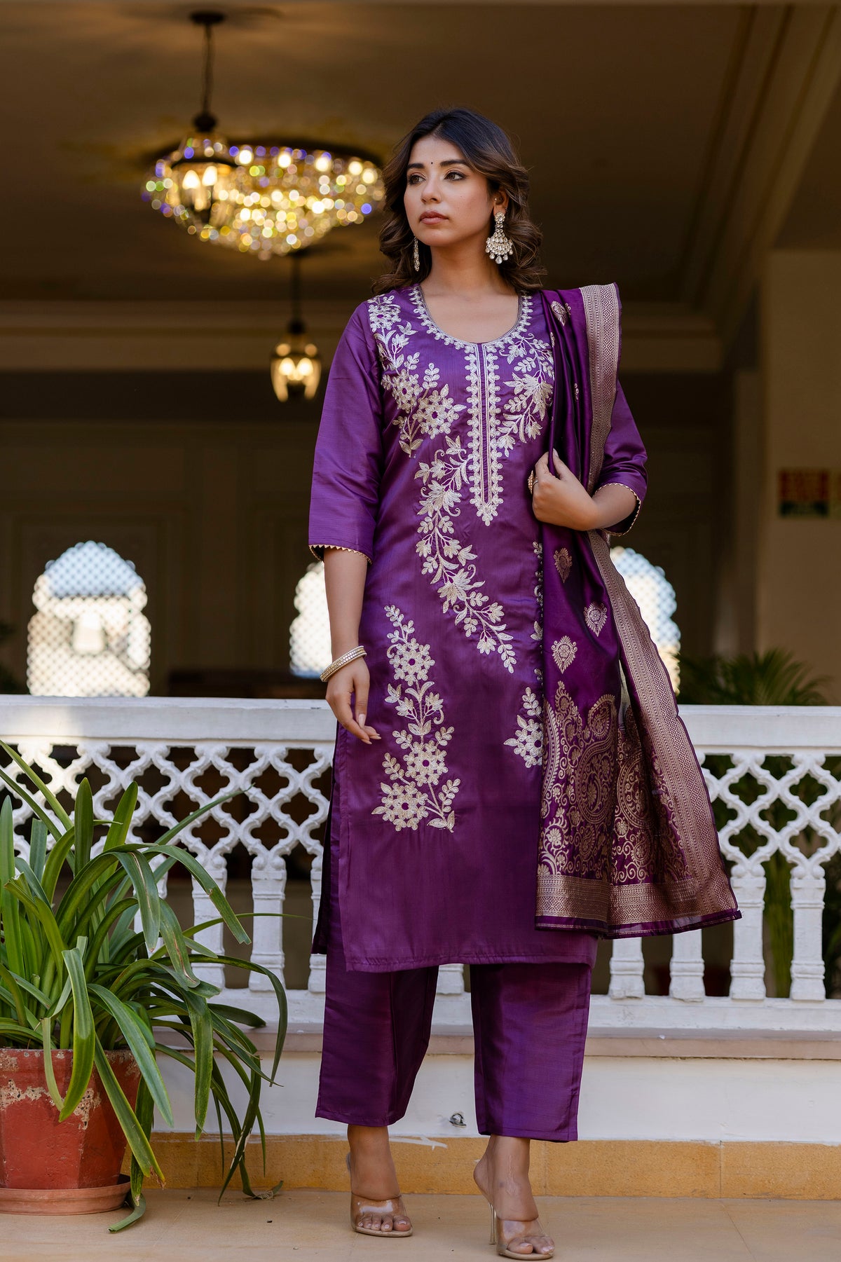 Wine Pure Silk Kurta Set for Women | Embroidered Stitched Suit with Jacquard Dupatta | Elegant Ready to Wear Ethnic Outfit | Kurti Set Malaysia