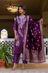 Wine Pure Silk Kurta Set for Women | Embroidered Stitched Suit with Jacquard Dupatta | Elegant Ready to Wear Ethnic Outfit | Kurti Set Malaysia