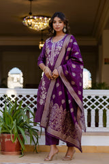 Wine Pure Silk Kurta Set for Women | Embroidered Stitched Suit with Jacquard Dupatta | Elegant Ready to Wear Ethnic Outfit | Kurti Set Malaysia