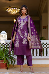 Wine Pure Silk Kurta Set for Women | Embroidered Stitched Suit with Jacquard Dupatta | Elegant Ready to Wear Ethnic Outfit | Kurti Set Malaysia