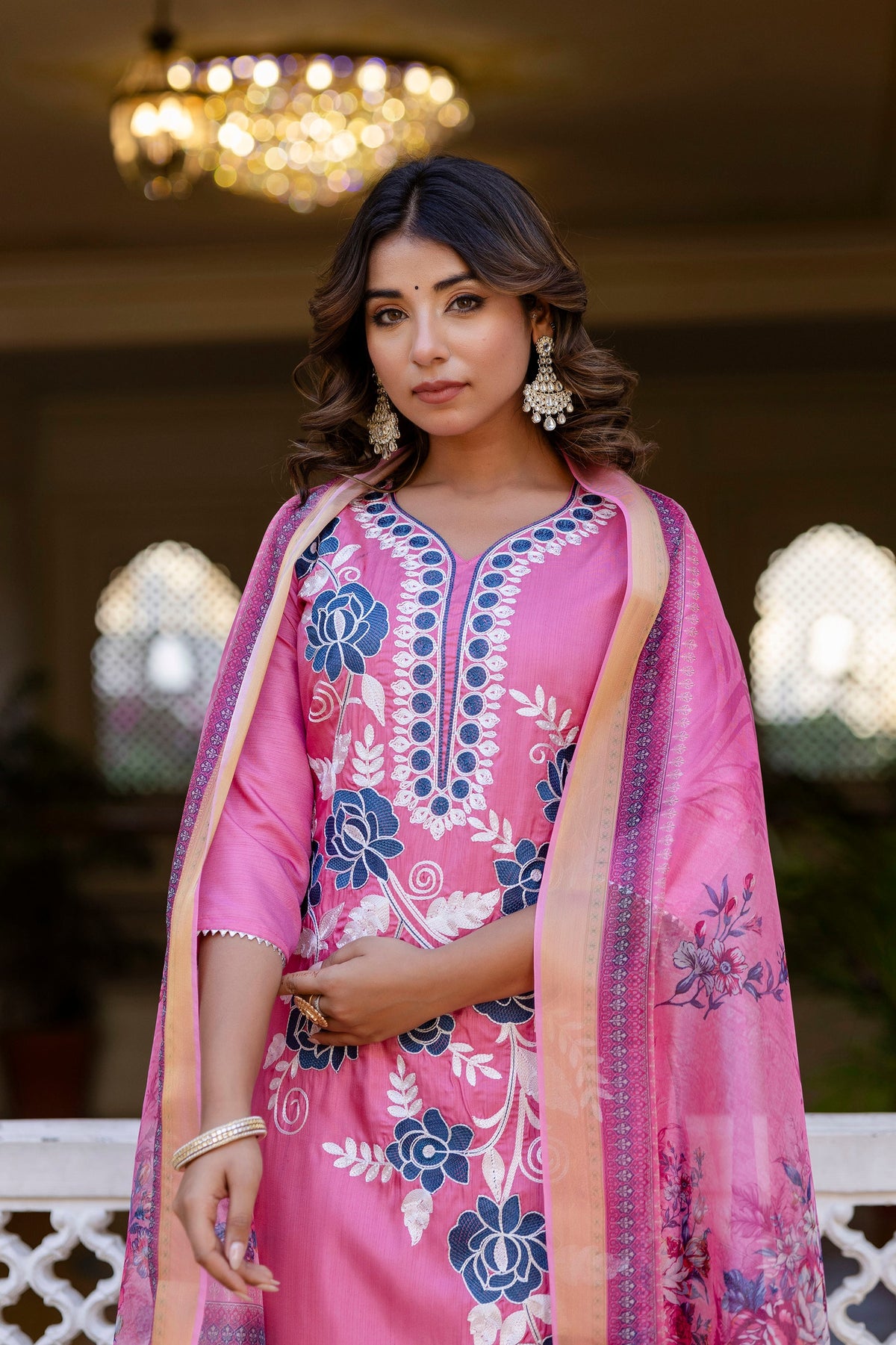 PINK  COLOURED WOMEN'S  P0LYSTER  KURTA WITH  DUPATTA SET