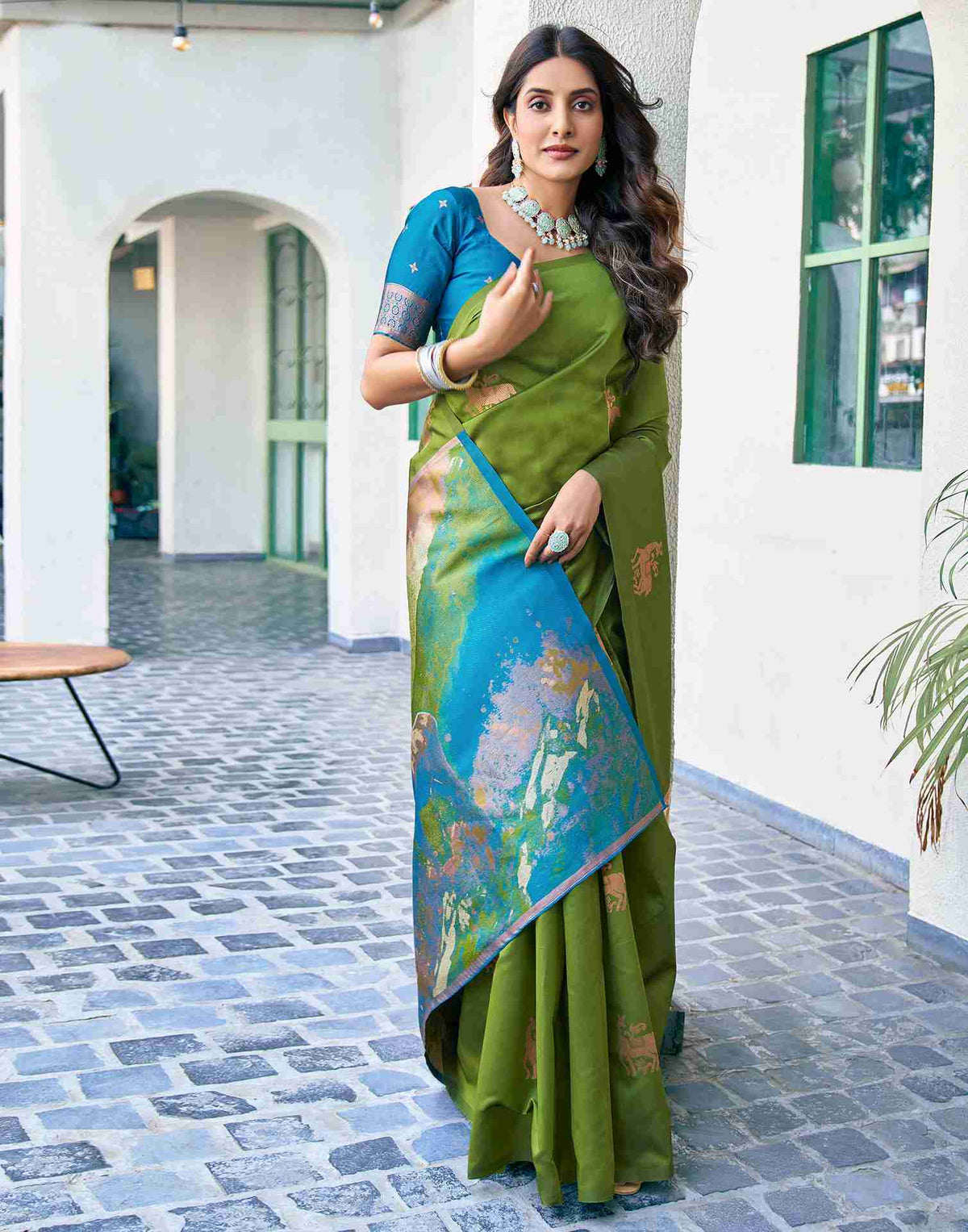 Elegant Banarasi Silk Saree for Women | Green & Multi-Color Woven Traditional Saree with Teal Blue Blouse | Wedding & Party Wear Saree Malaysia