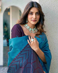 Banarasi Silk Saree for Women in Malaysia | Teal Blue & Deep Purple | Traditional Indian Wedding & Party Wear Saree with Blouse Piece