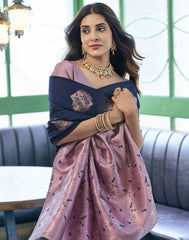 Banarasi Silk Blend Saree Navy Blue with Dusty Lavender & Golden | Wedding Saree Malaysia | Party Wear Indian Saree Online