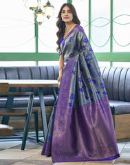 Banarasi Silk Blend Saree Sky Blue & Dark Blue with Golden Zari | Designer Indian Saree Online Malaysia | Wedding & Party Wear Saree for Women