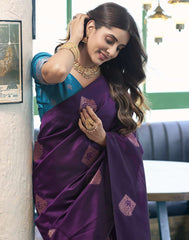 Banarasi Silk Blend Saree for Women – Deep Purple Blue Golden | Woven Work Saree with Blouse Piece | Wedding, Party & Festive Wear Saree Malaysia