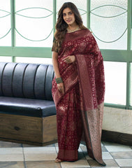 Banarasi Silk Blend Saree for Women | Maroon & Dark Green Woven Saree with Golden Border | Indian Traditional Saree with Blouse Piece | Party Wear Saree Malaysia Online Shopping