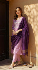 LAVENDER COLOURED  WOMEN'S POLYSETER  KURTA WITH  DUPATTA SET