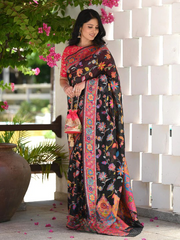 Kashmiri Weaving Multiple color thread weaving pure zari weaving black saree