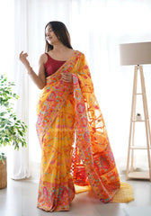 KASHMIRI WEAVING MULTIPLE COLOR THREAD WEAVING PURE ZARI WEAVING YElLOW