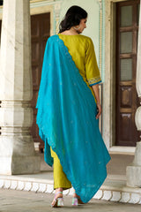 LEMON COLOURED  WOMEN'S CHANDERI  KURTA WITH  DUPATTA SET