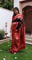 THE BANARASI SAREEIS MADE UP OF SILK THREADS WOVEN USING