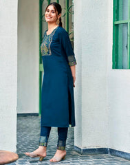 BLUE  COLOURED  WOMEN'S VISCOSE RAYON KURTA WITH  DUPATTA SET