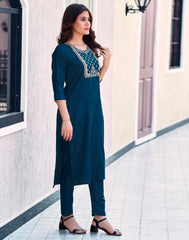 BLUE COLOURED  WOMEN'S VISCOSE RAYON KURTA WITH  DUPATTA SET