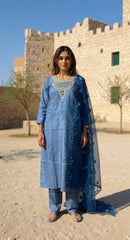 BLUE COLOURED  WOMEN'S  POLYSTER KURTA WITH  DUPATTA SET