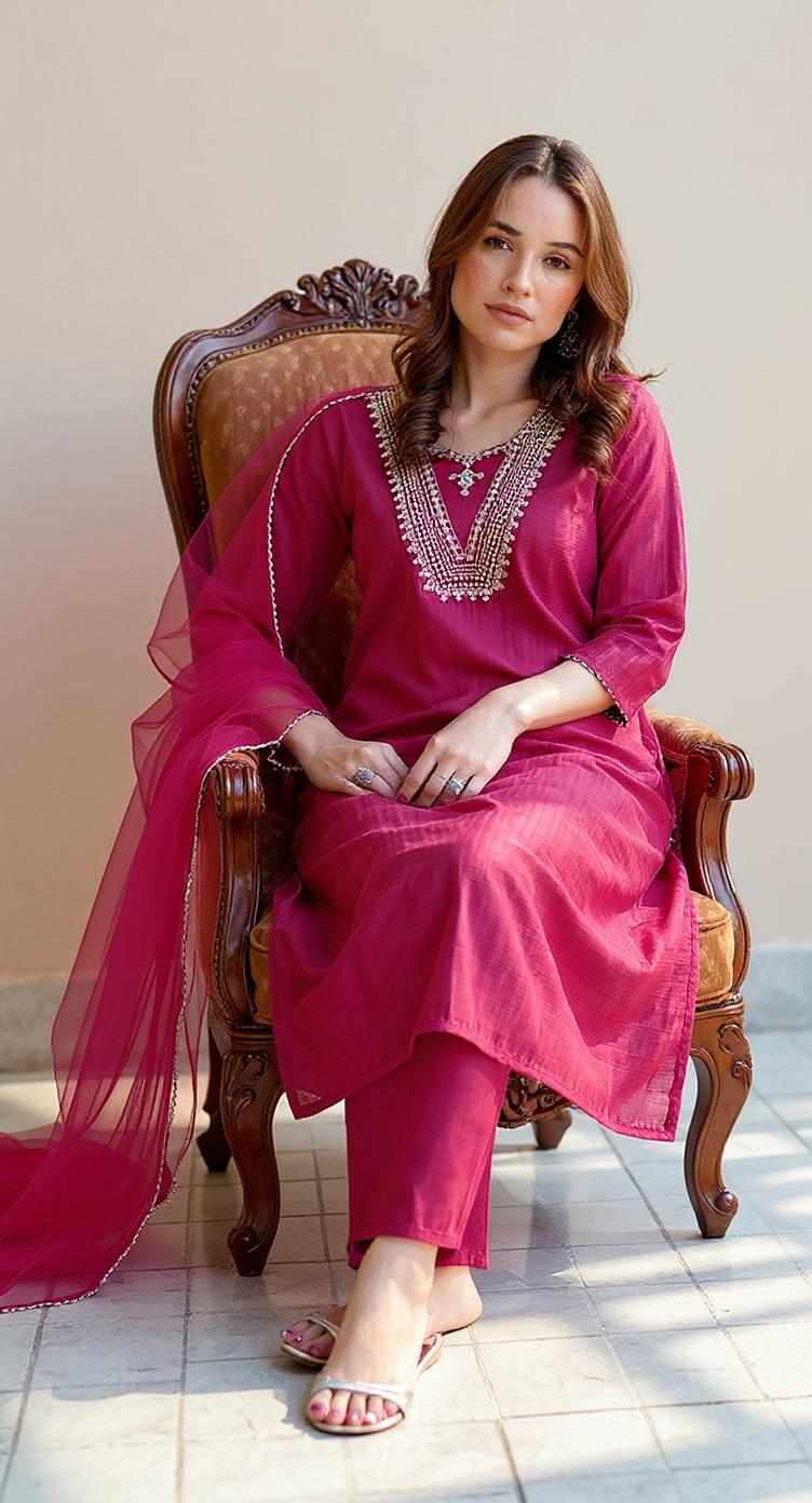 PINK  COLOURED  WOMEN'S POLYSTER KURTA WITH  DUPATTA SET