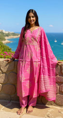 PINK COLOURED  WOMEN'S POLYSTER KURTA WITH  DUPATTA SET